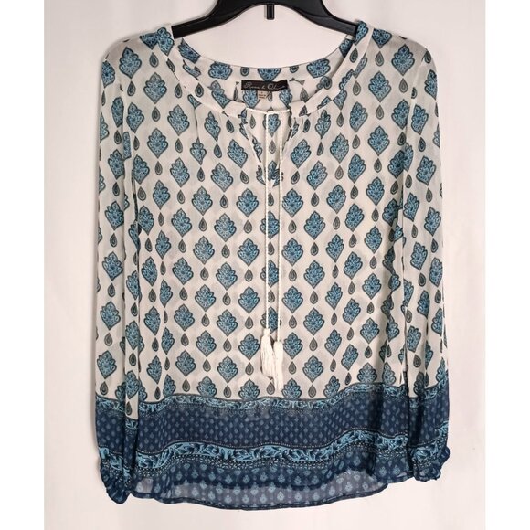 Rose + Olive Boho Tunic Blouse Blue Ivory Print Long Sleeve Top Size S - Picture 1 of 6